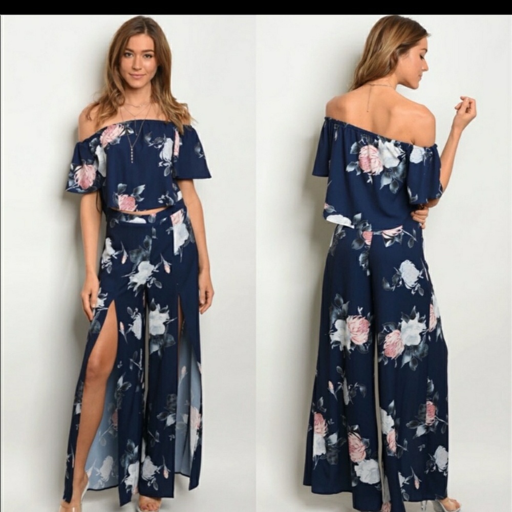 SOLD LOCALLY Navy Blue Floral Pants Set - Picture 1 of 3